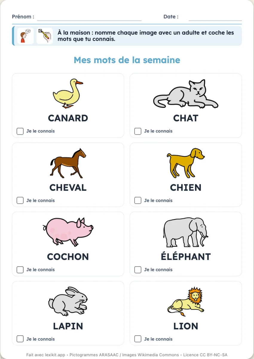 Page « Mes mots de la semaine » avec images, mots et cases à cocher