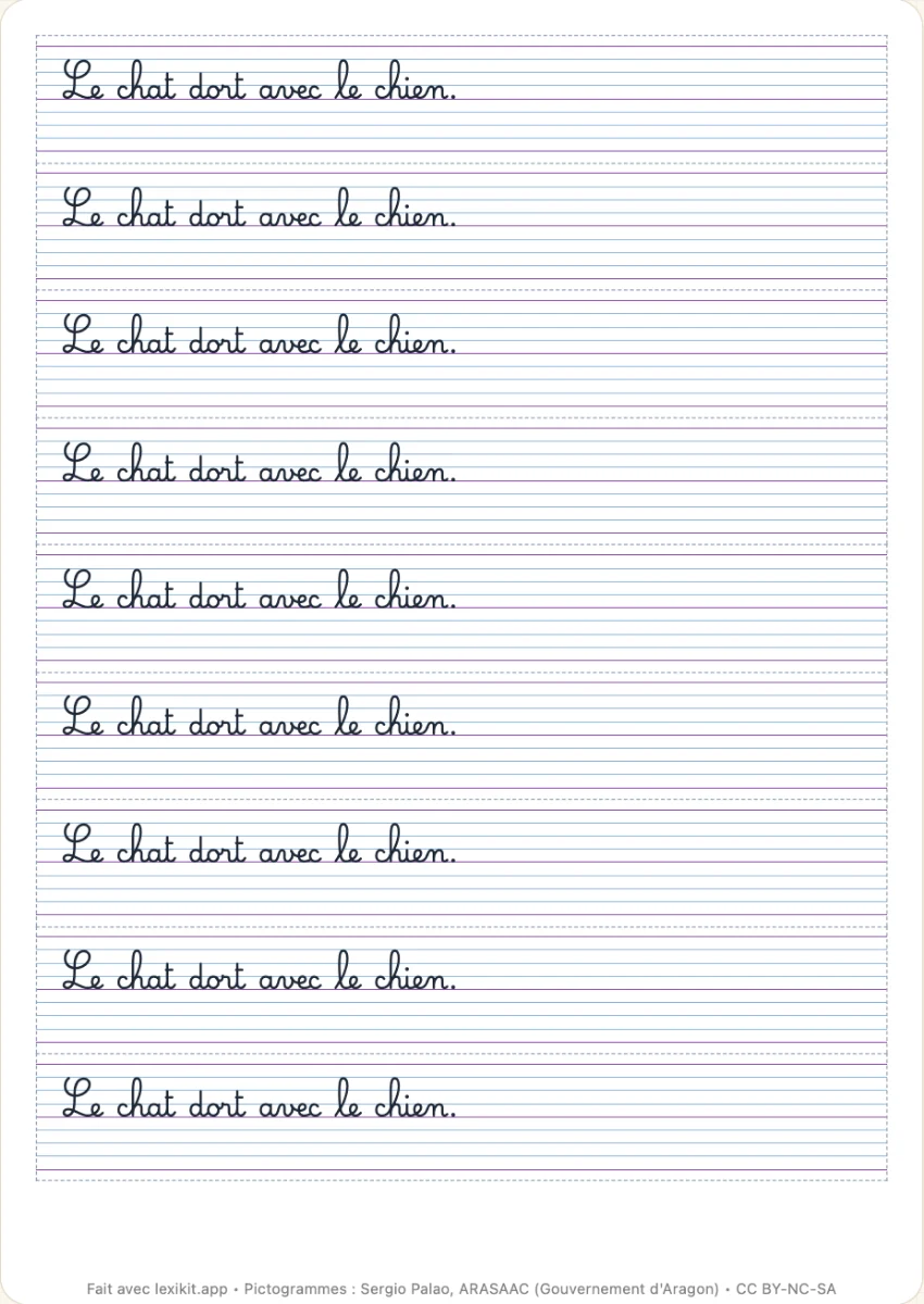Une page de modèles d'écriture : la même phrase sur un lignage, en bandes à découper