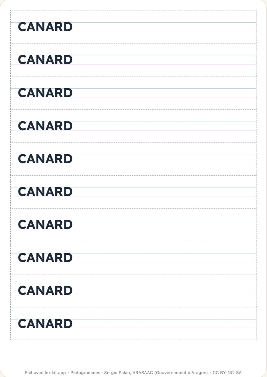 Une page de modèles d'écriture : le même mot sur un lignage, en bandes à découper