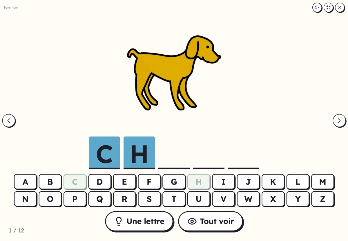 Mot mystère à l'écran : les cases d'un mot à compléter, l'alphabet et l'image d'un animal