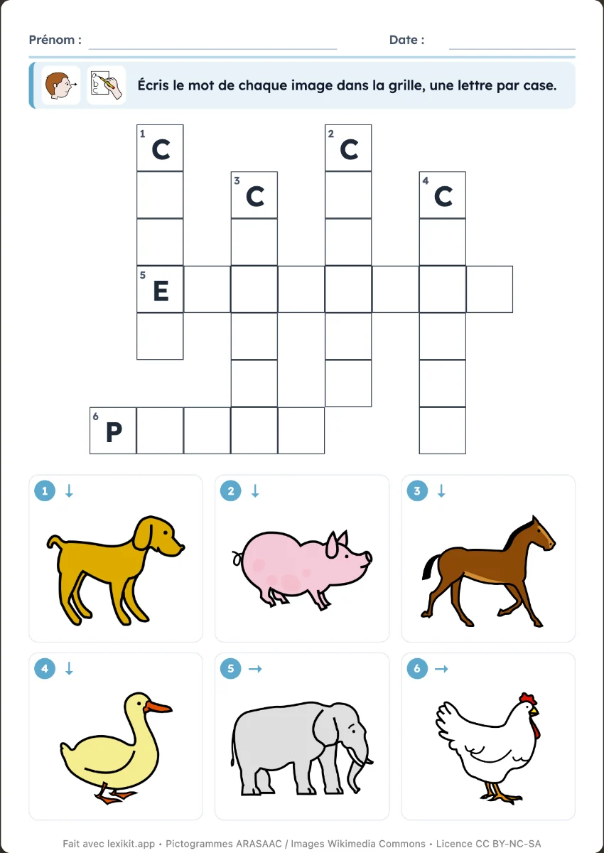 Grille de mots croisés avec des images numérotées