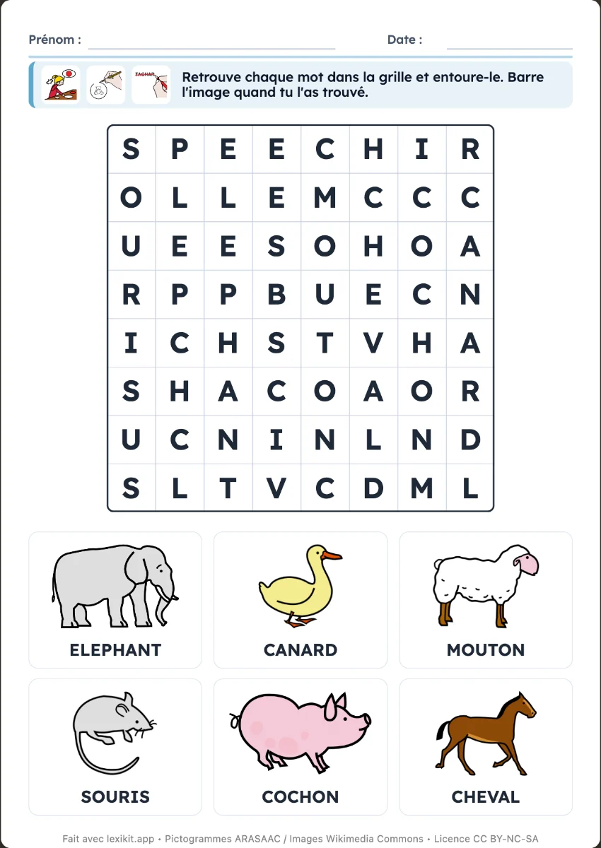 Grille de mots mêlés avec la liste des mots illustrée