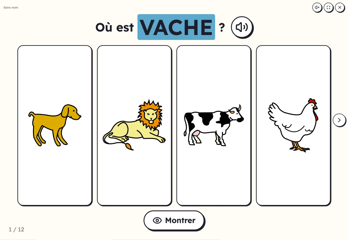 Où est… ? à l'écran : quatre images d'animaux et le mot demandé