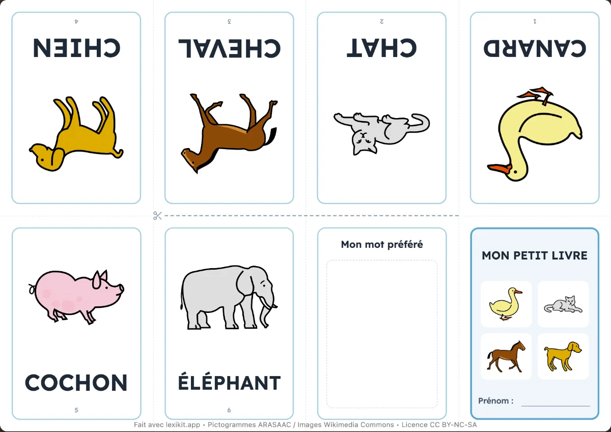 Feuille A4 d'un petit livret de 8 pages avec des images d'animaux