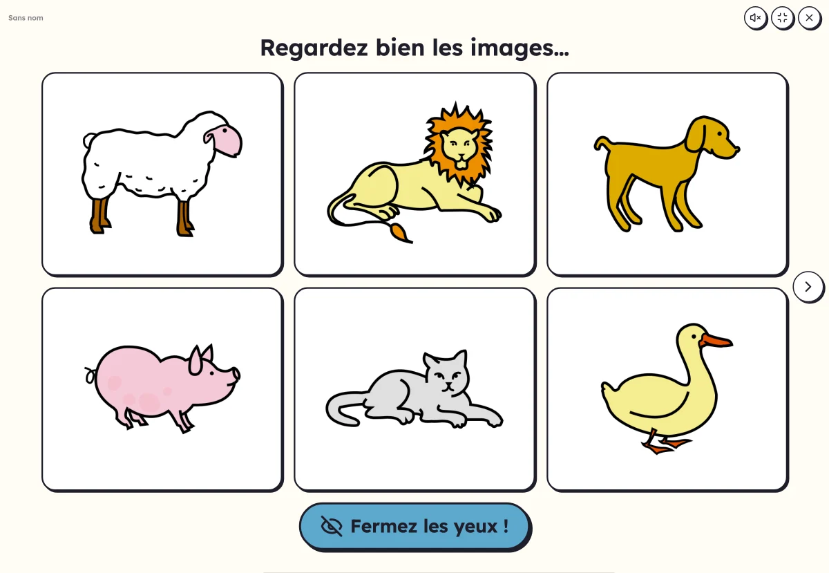 Qu'est-ce qui a disparu ? à l'écran : six images d'animaux à mémoriser