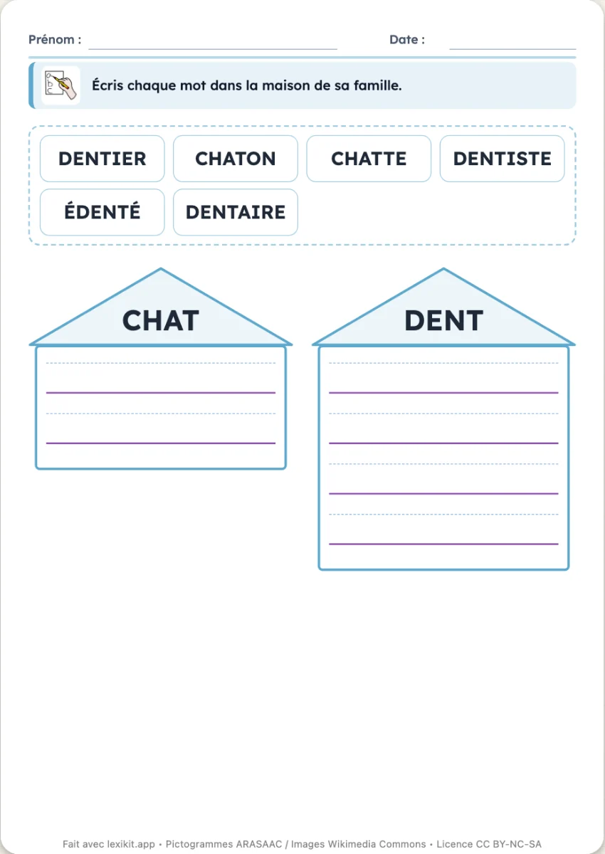Fiche avec des mots mélangés et deux maisons, chat et dent, où les écrire