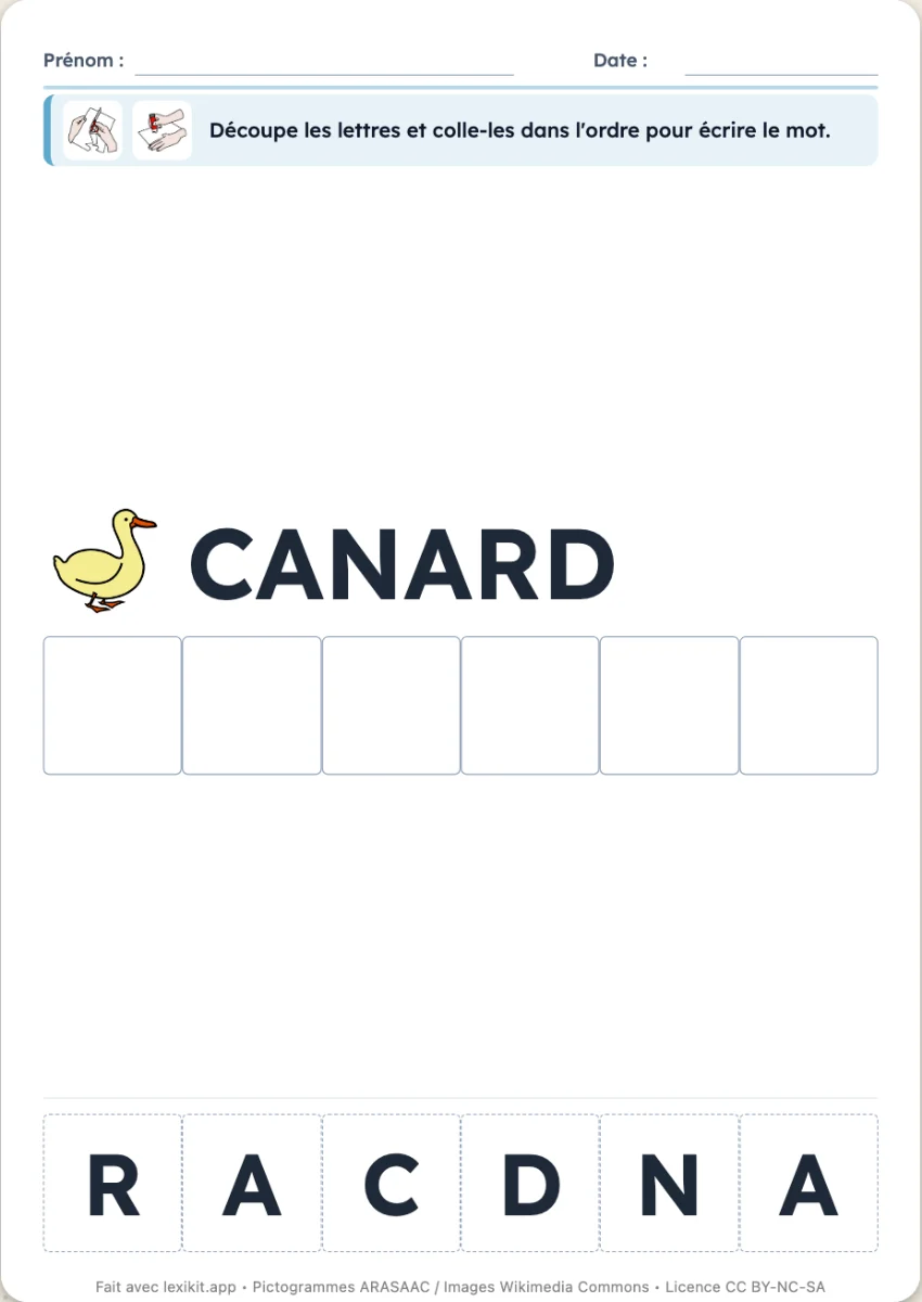Fiche où les lettres d'un mot sont à découper et à coller dans des cases