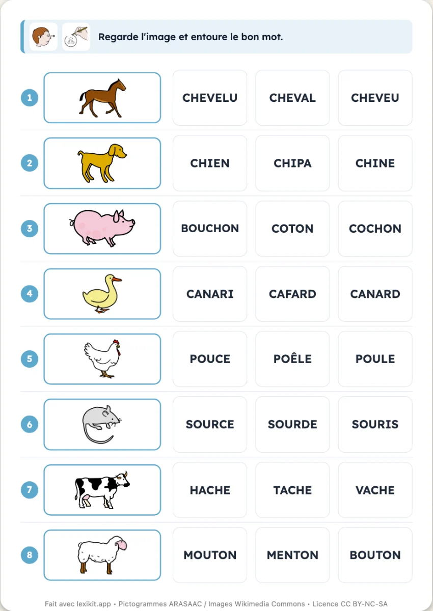 Fiche où le mot de chaque image est à entourer parmi des mots qui se ressemblent