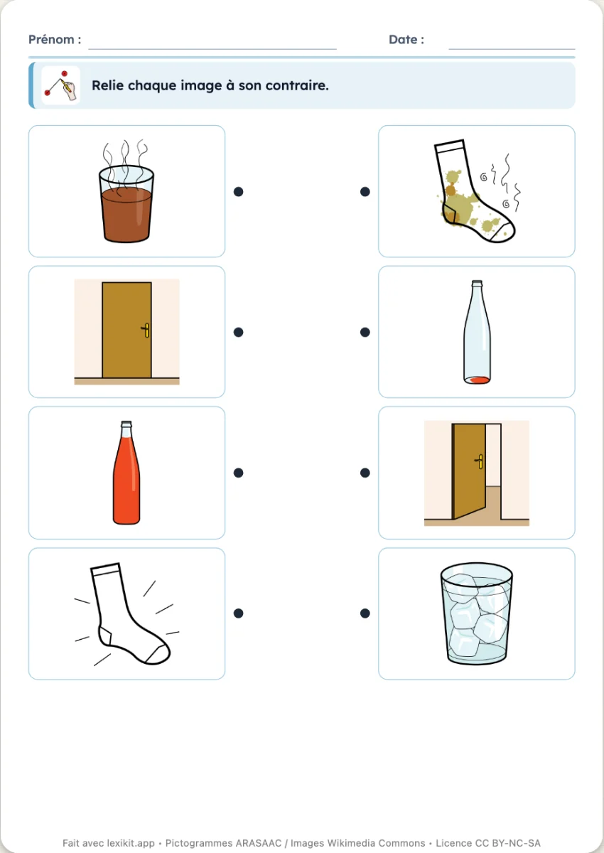 Fiche avec des images à relier à leur contraire : chaud et froid, plein et vide