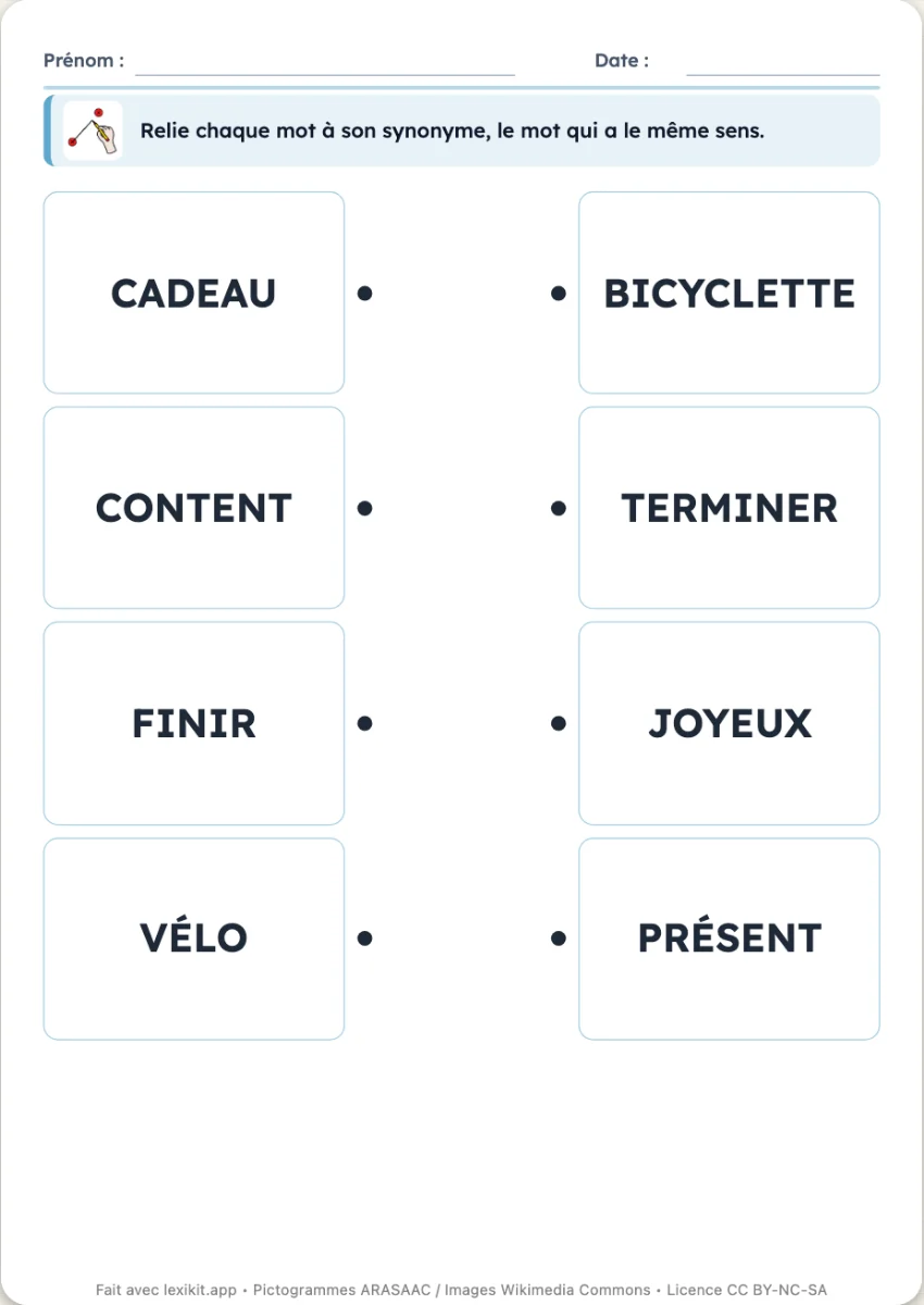 Fiche avec des mots à relier à leur synonyme