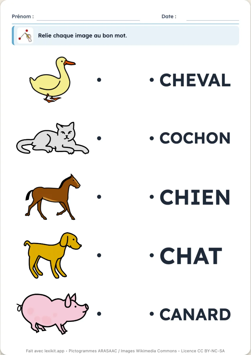 Fiche où des images sont à relier à leurs mots