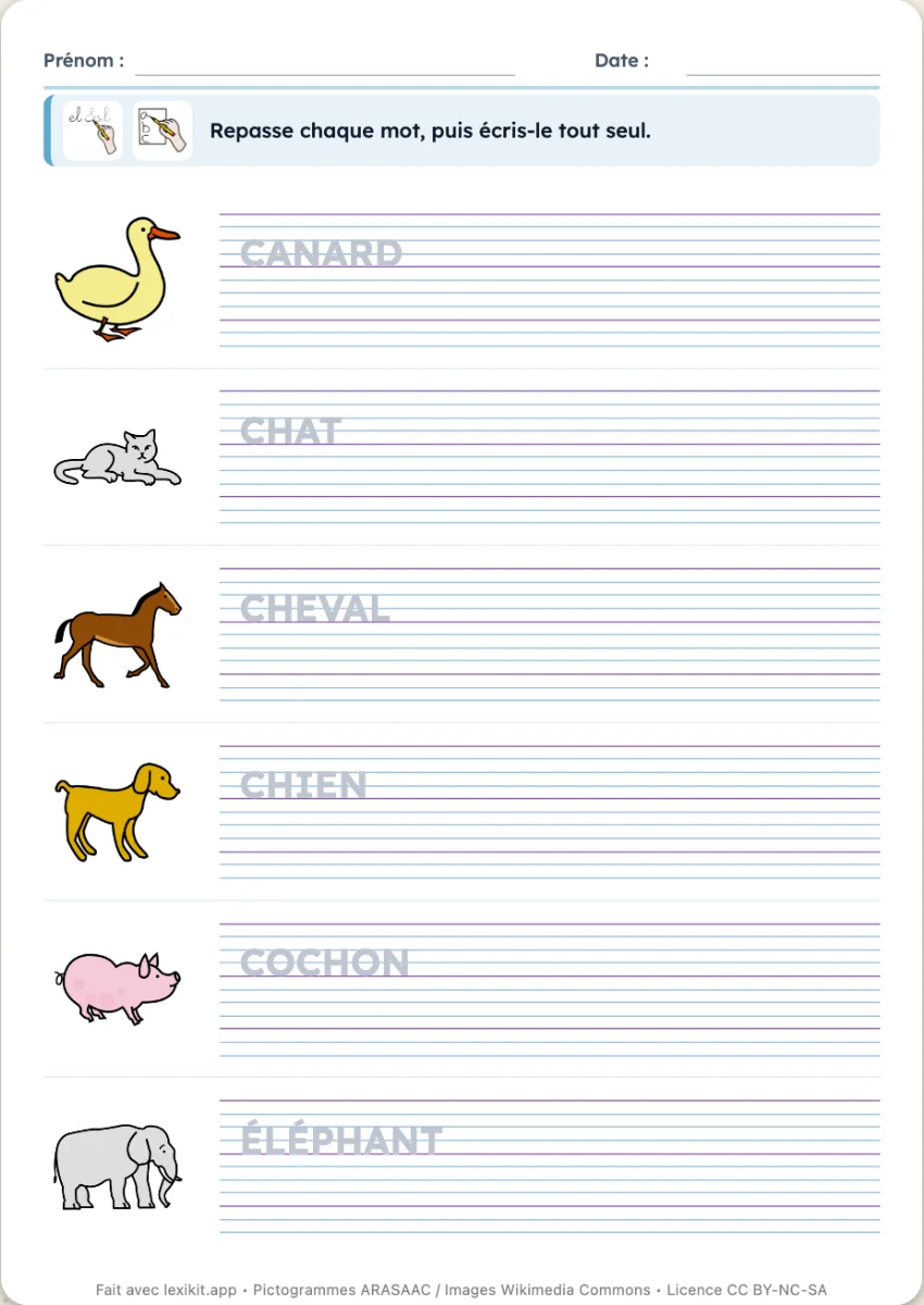 Fiche de mots à repasser avec images et lignes Seyès