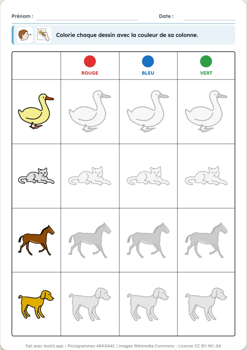 Tableau à double entrée avec des images en lignes et des couleurs en colonnes