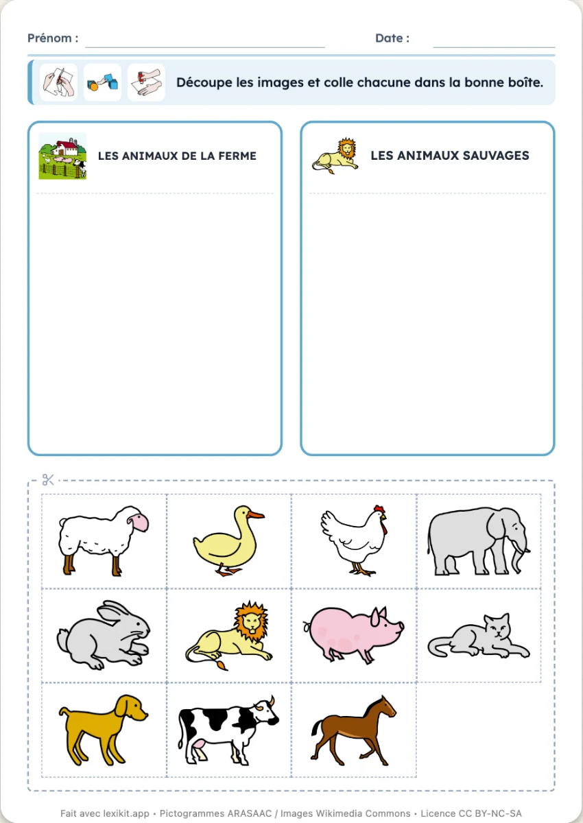 Fiche avec deux boîtes de familles en haut et les images à découper en bas