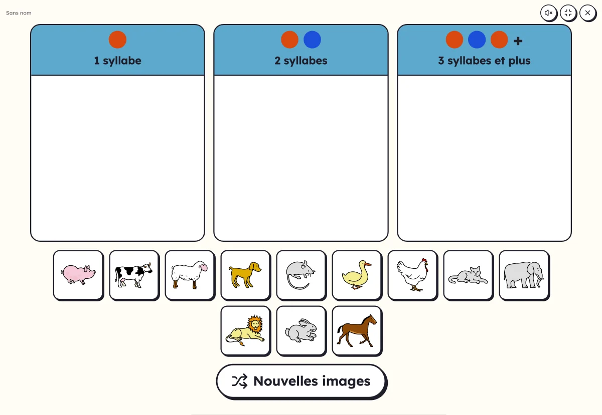 Tri en colonnes à l'écran : des animaux à glisser selon leur nombre de syllabes
