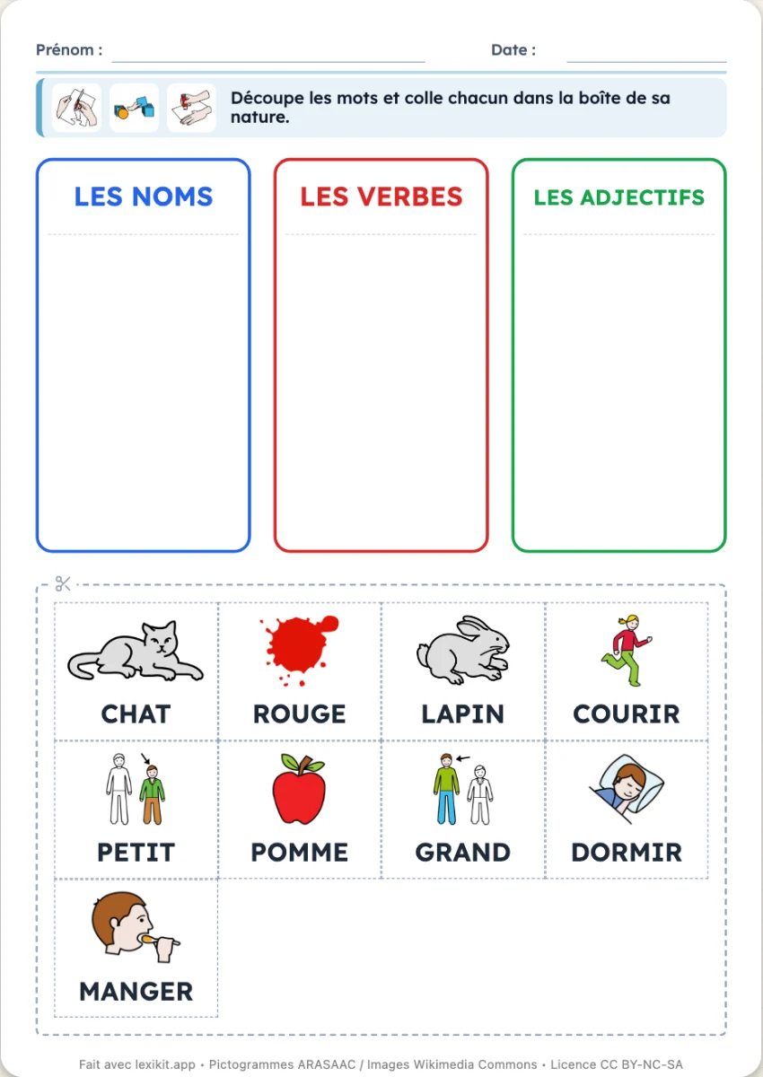 Fiche avec les boîtes des noms, des verbes et des adjectifs et les étiquettes-mots à découper