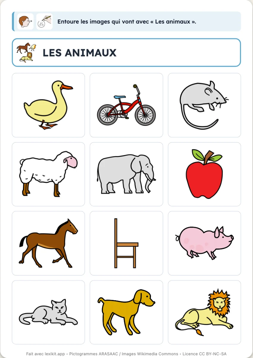 Fiche où entourer toutes les images d'une catégorie dans une grille