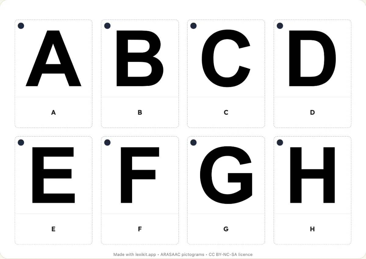 Picture dictionary to print, first page: The alphabet