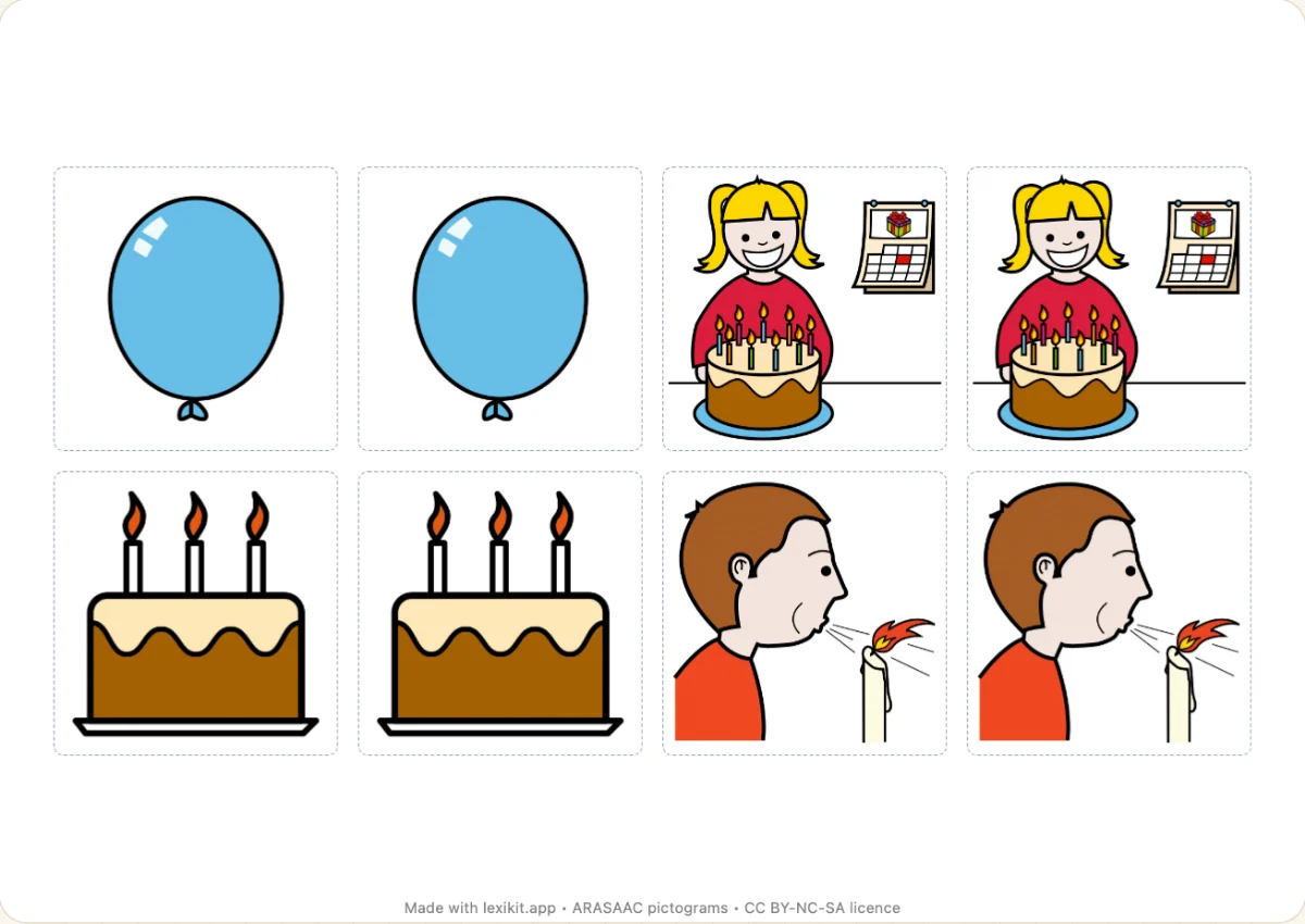 Memory game to print, first page: Birthday