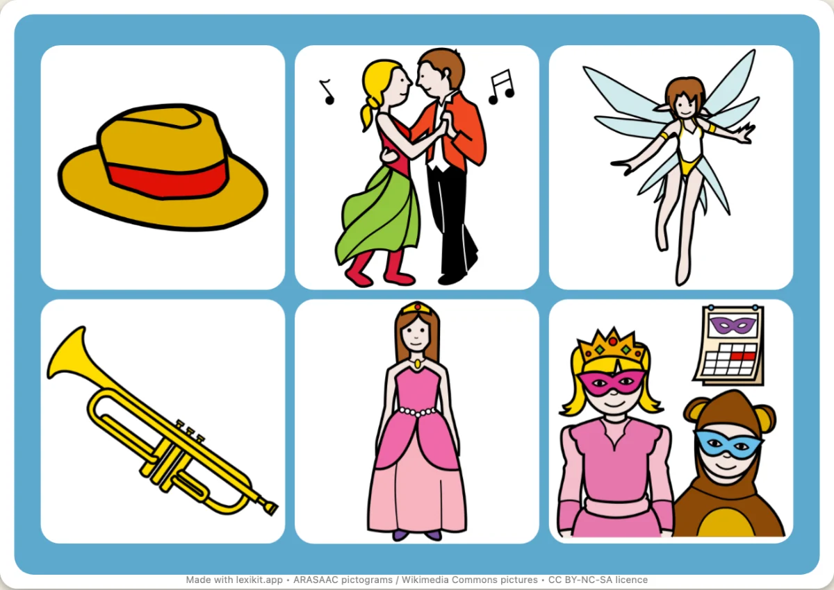 Picture bingo to print, first page: Carnival