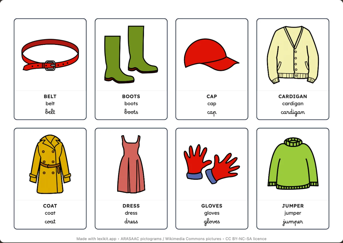 Printable picture dictionary: Clothes