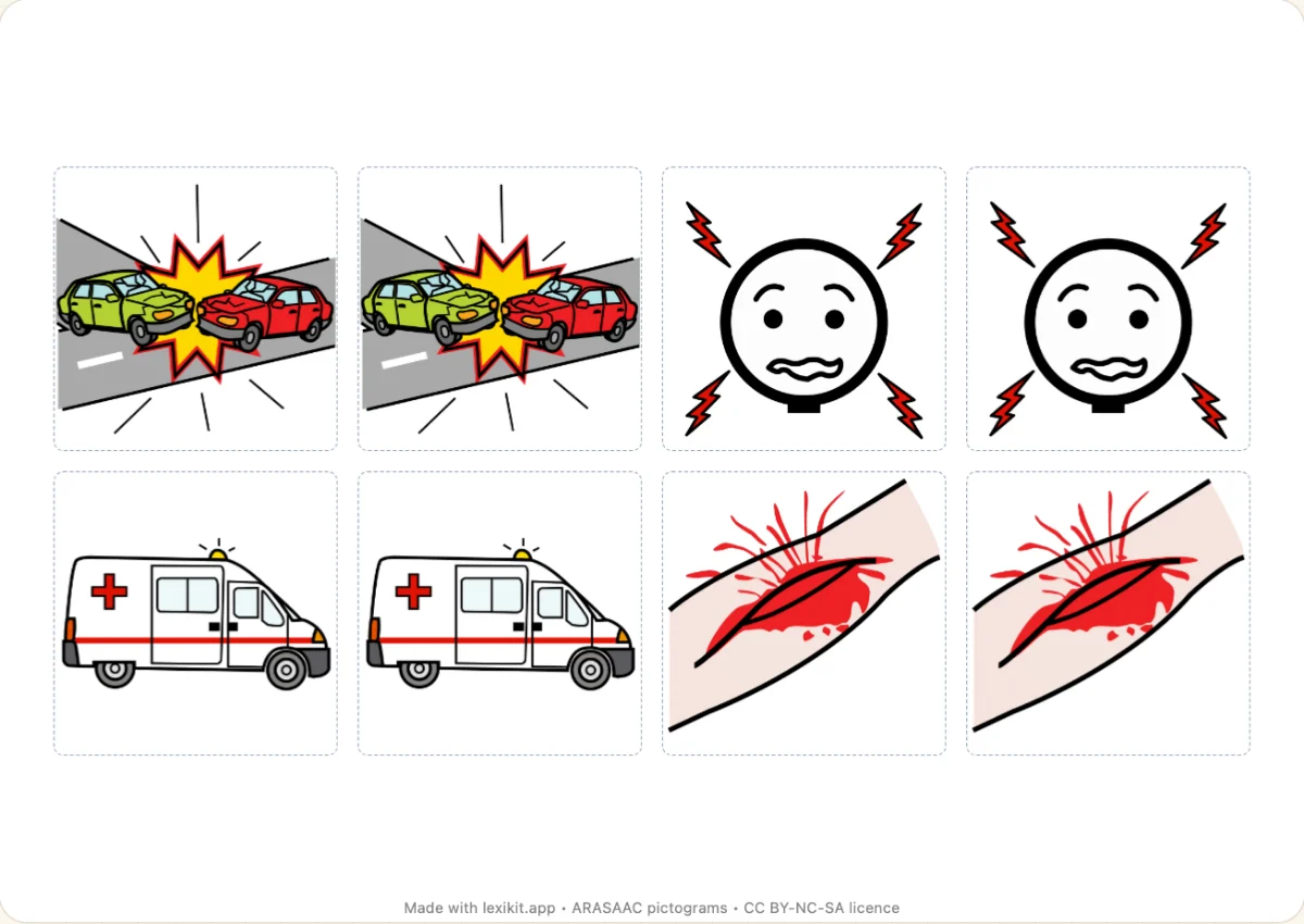 Memory game to print, first page: Emergencies