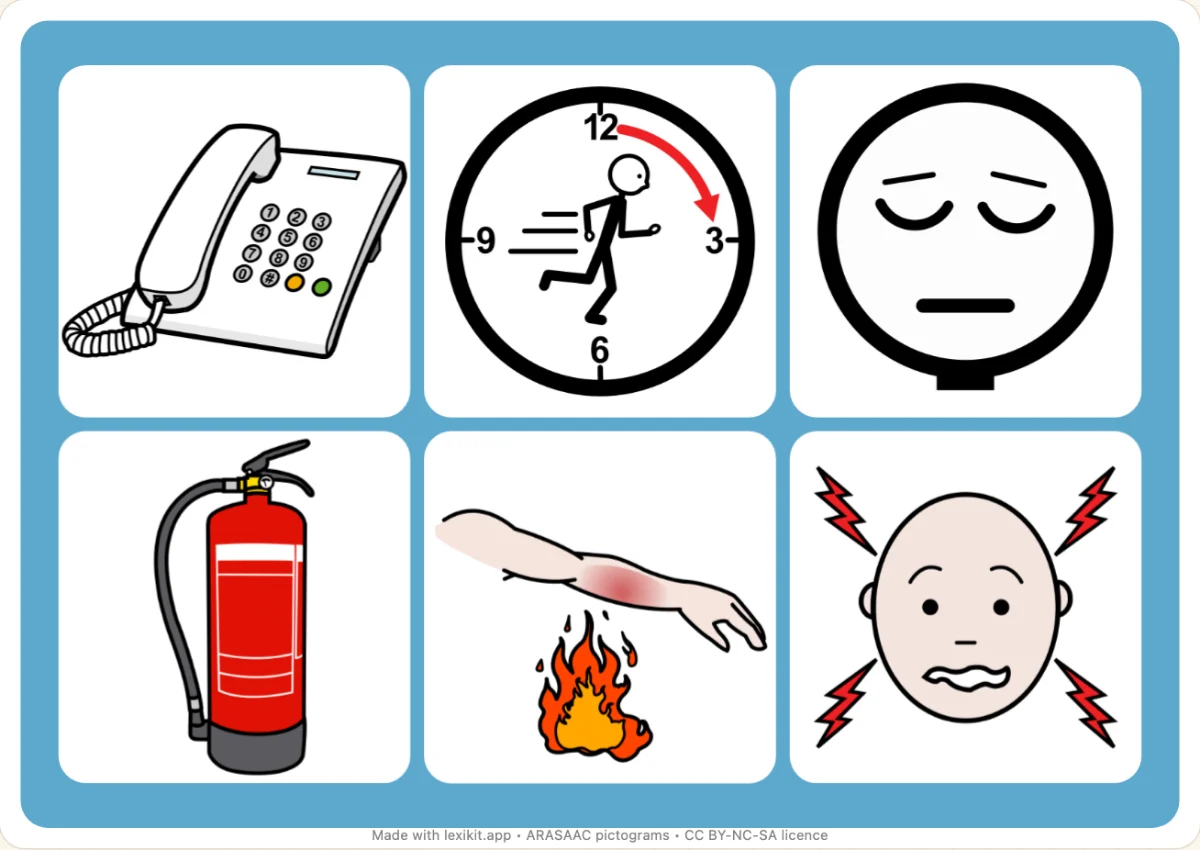 Picture bingo to print, first page: Emergencies