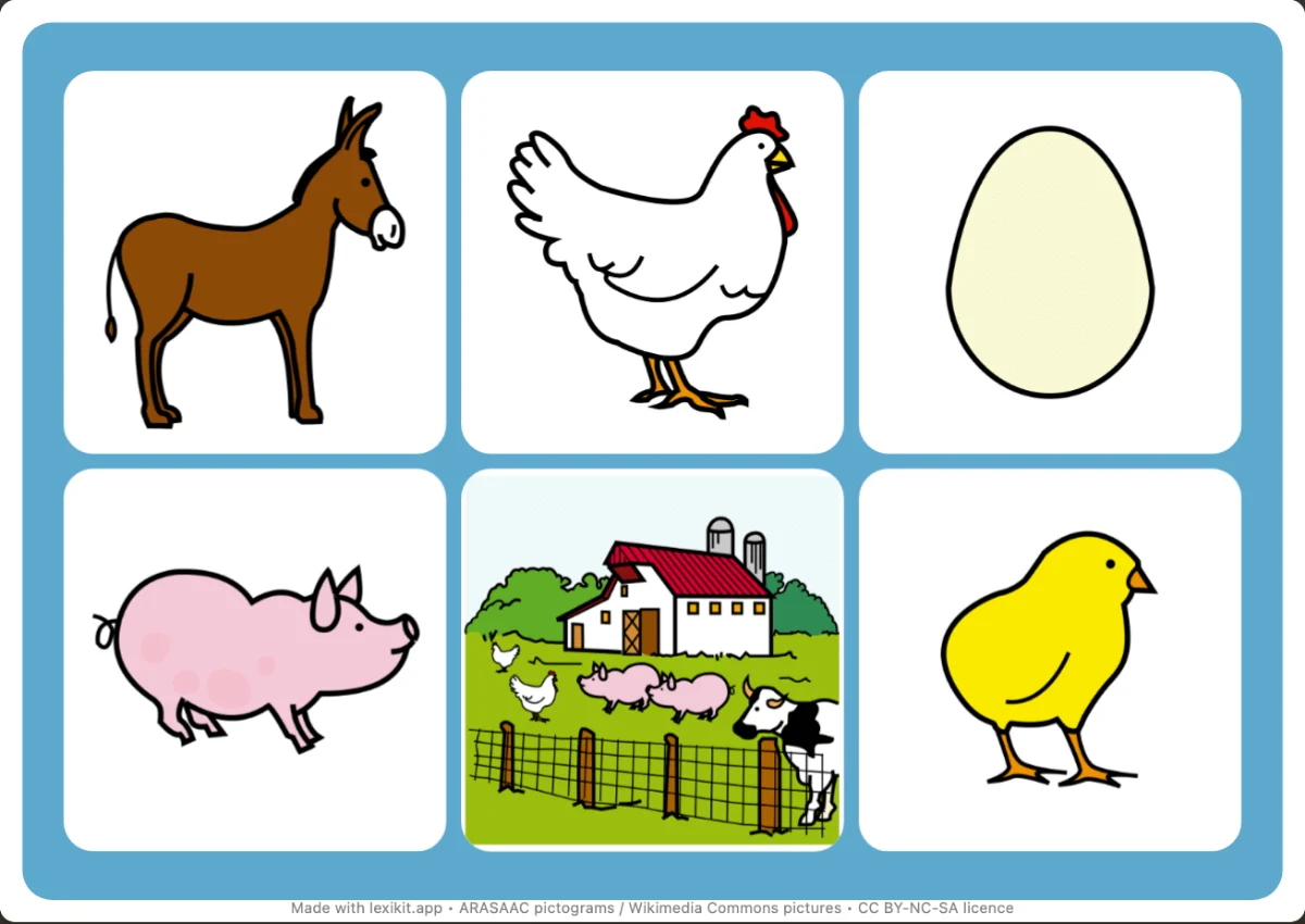 Picture bingo to print, first page: On the farm