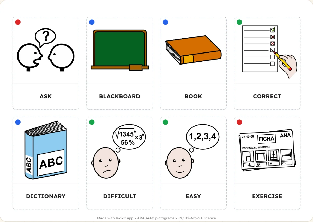 Picture dictionary to print, first page: In the language class