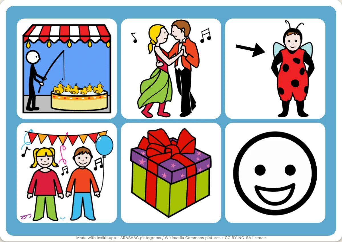 Picture bingo to print, first page: School fair