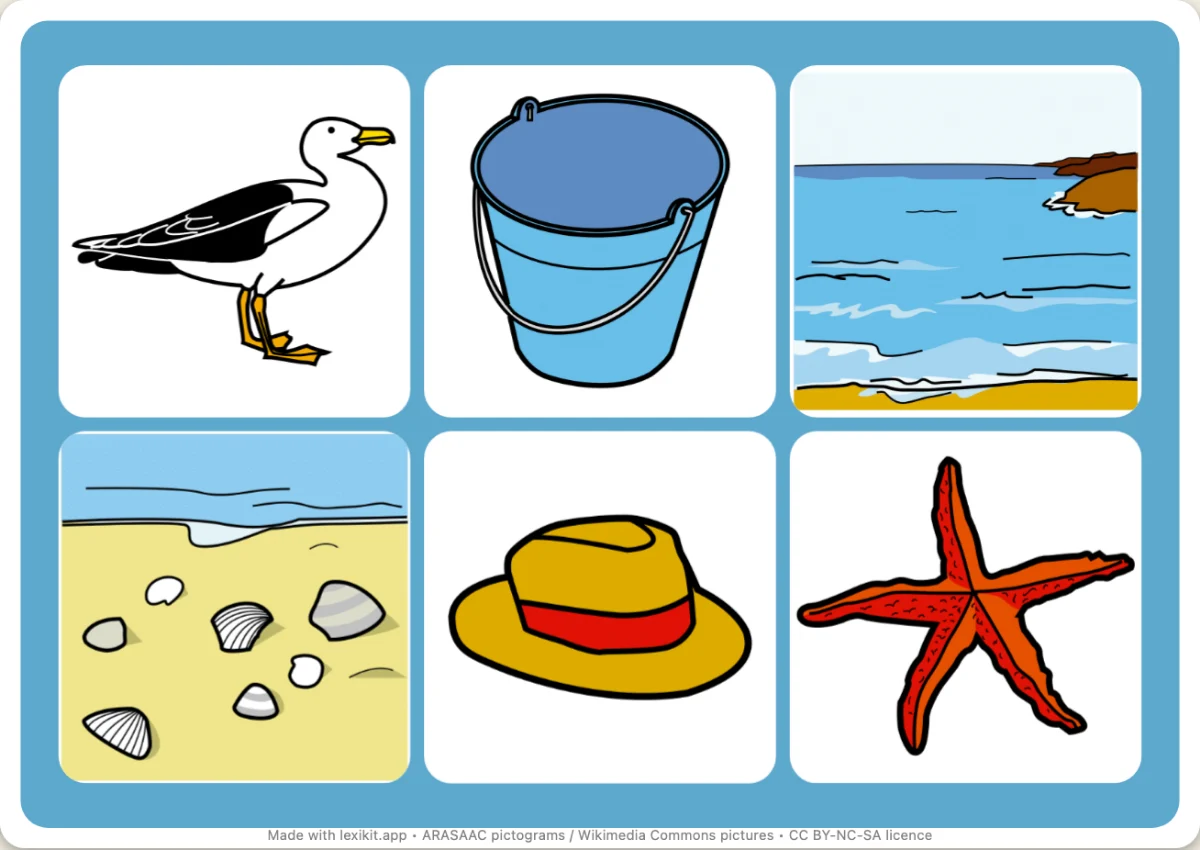 Picture bingo to print, first page: At the seaside