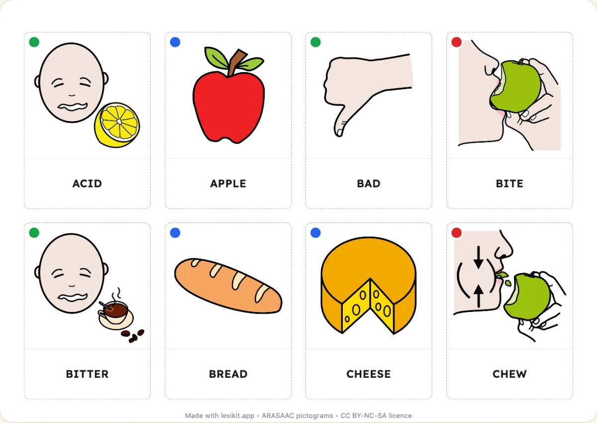Picture dictionary to print, first page: Taste