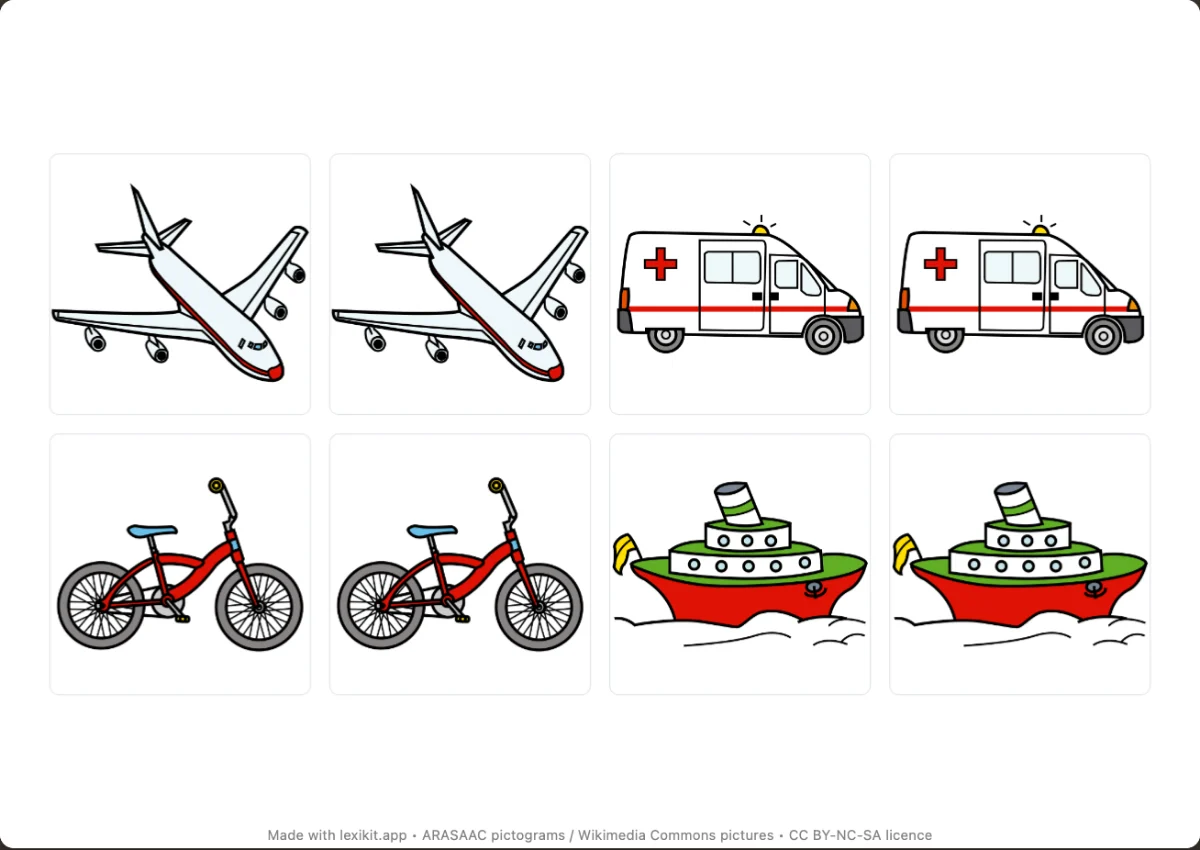 Memory game to print, first page: Transport