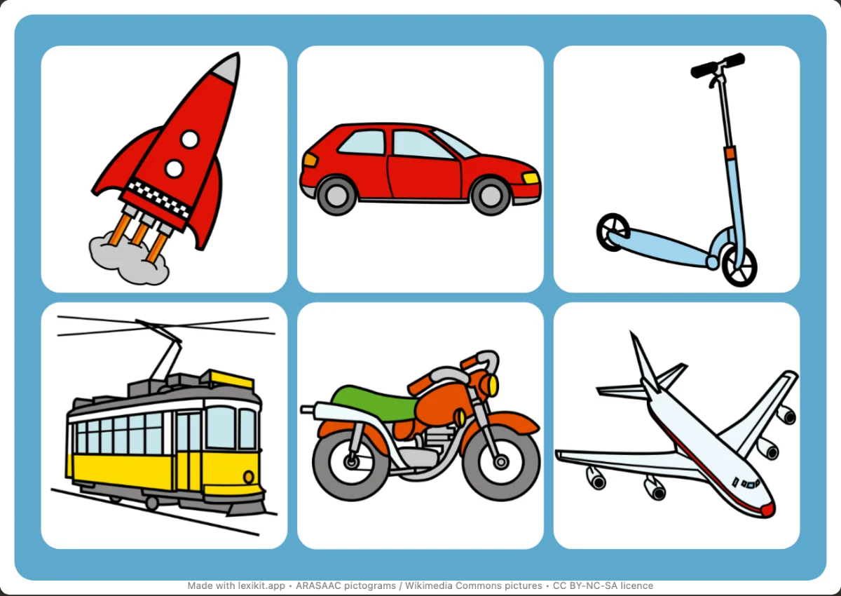 Picture bingo to print, first page: Transport