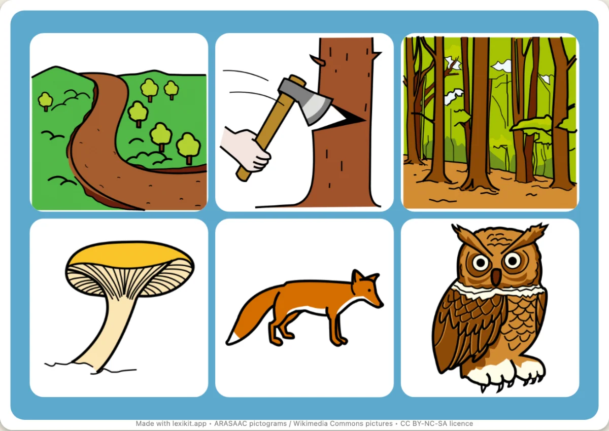 Picture bingo to print, first page: In the woods