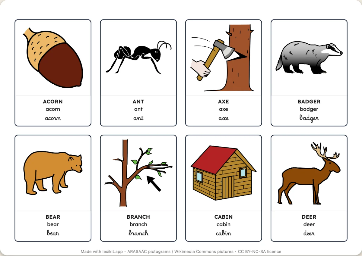 Printable picture dictionary: In the woods