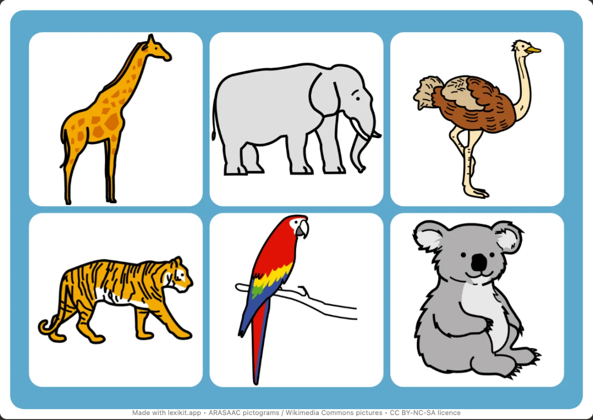 Picture bingo to print, first page: At the zoo