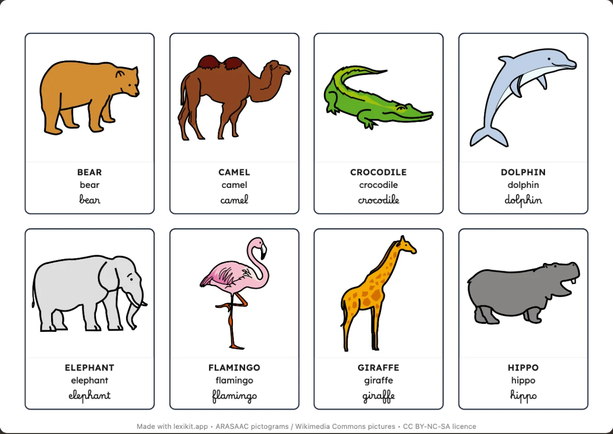 Printable picture dictionary: At the zoo