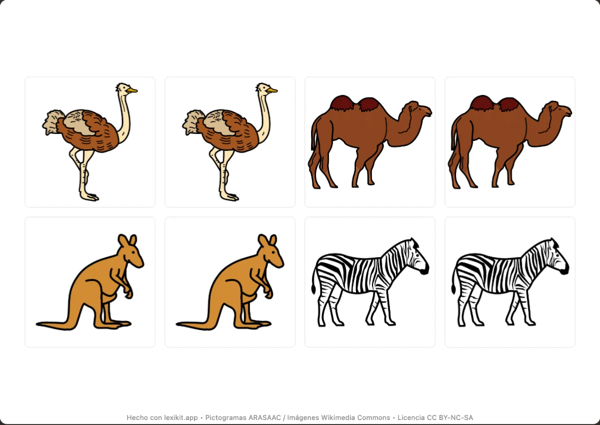 Juego de memoria para imprimir, primera página: En el zoo