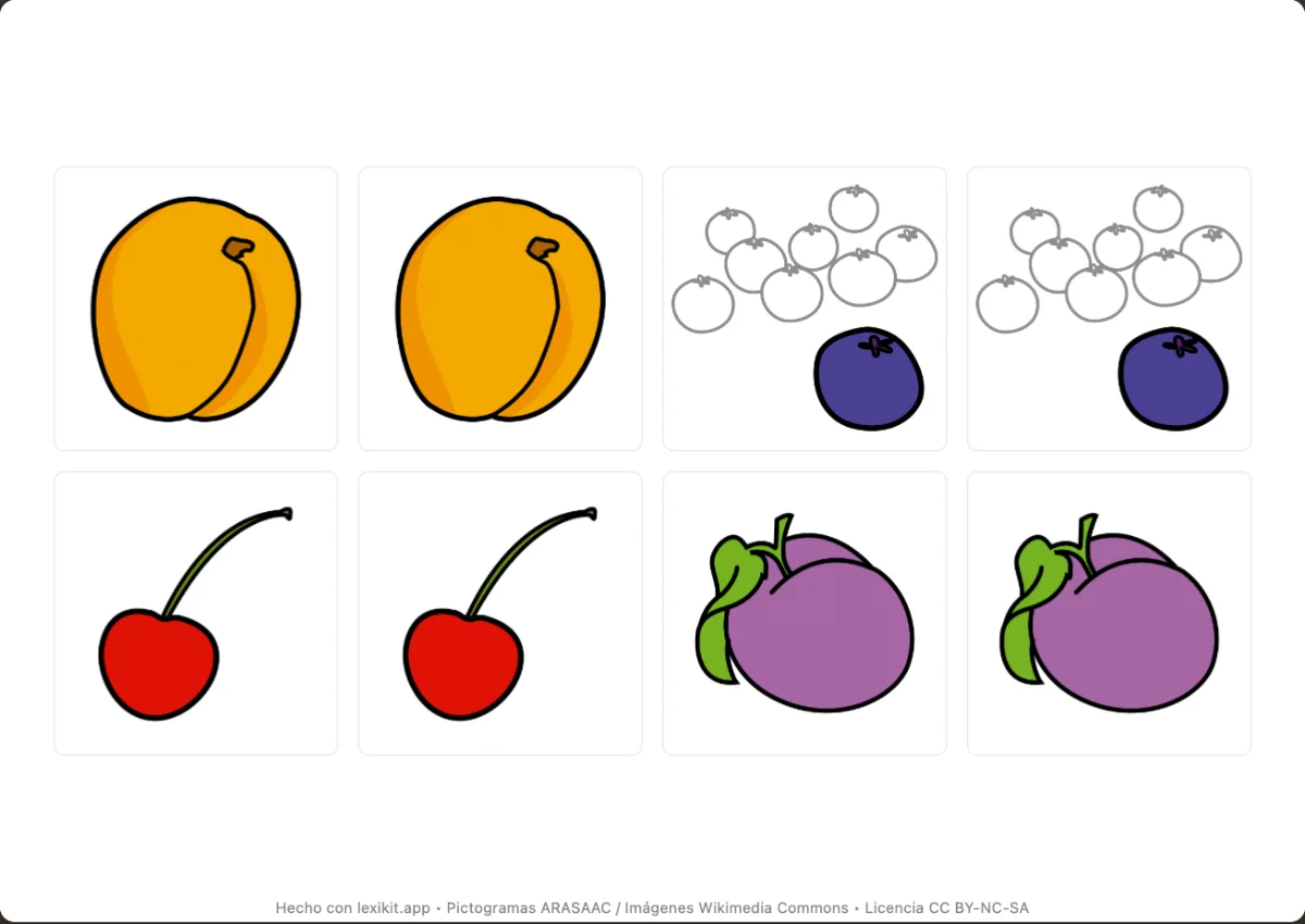 Juego de memoria para imprimir, primera página: Las frutas