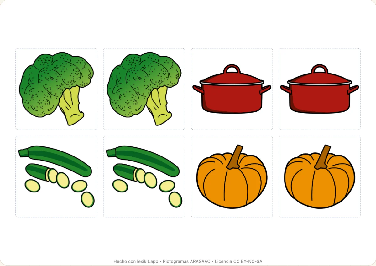 Juego de memoria para imprimir, primera página: Las verduras