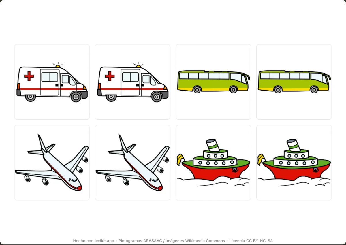 Juego de memoria para imprimir, primera página: Los transportes