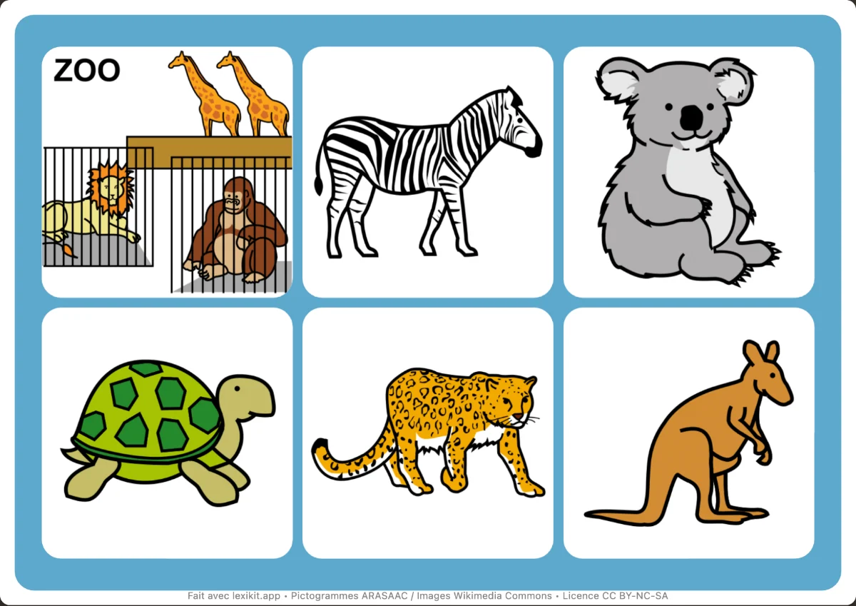 Loto à imprimer, première page : Au zoo