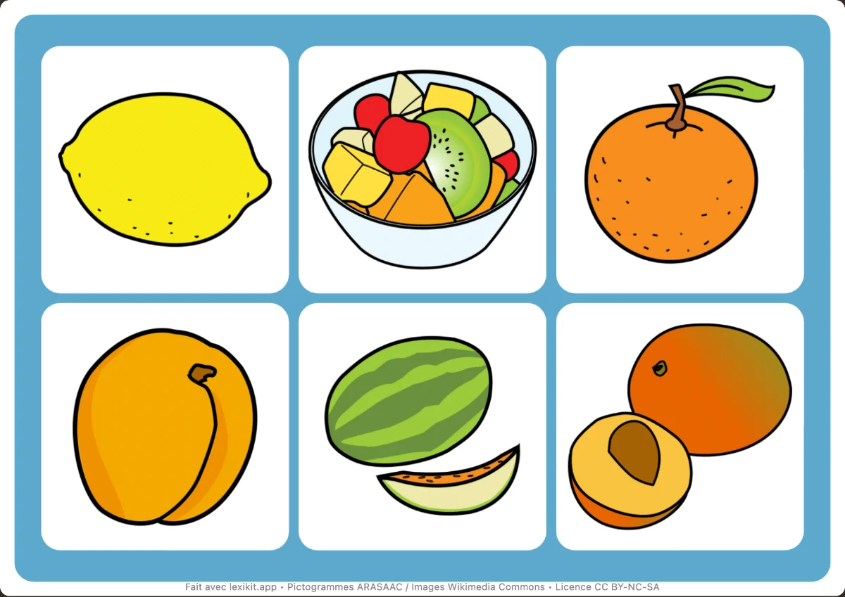 Loto à imprimer, première page : Les fruits