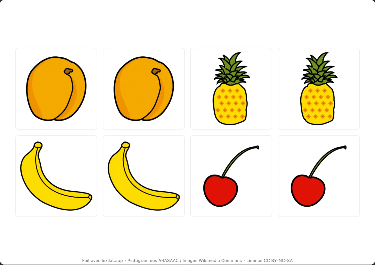 Memory à imprimer, première page : Les fruits