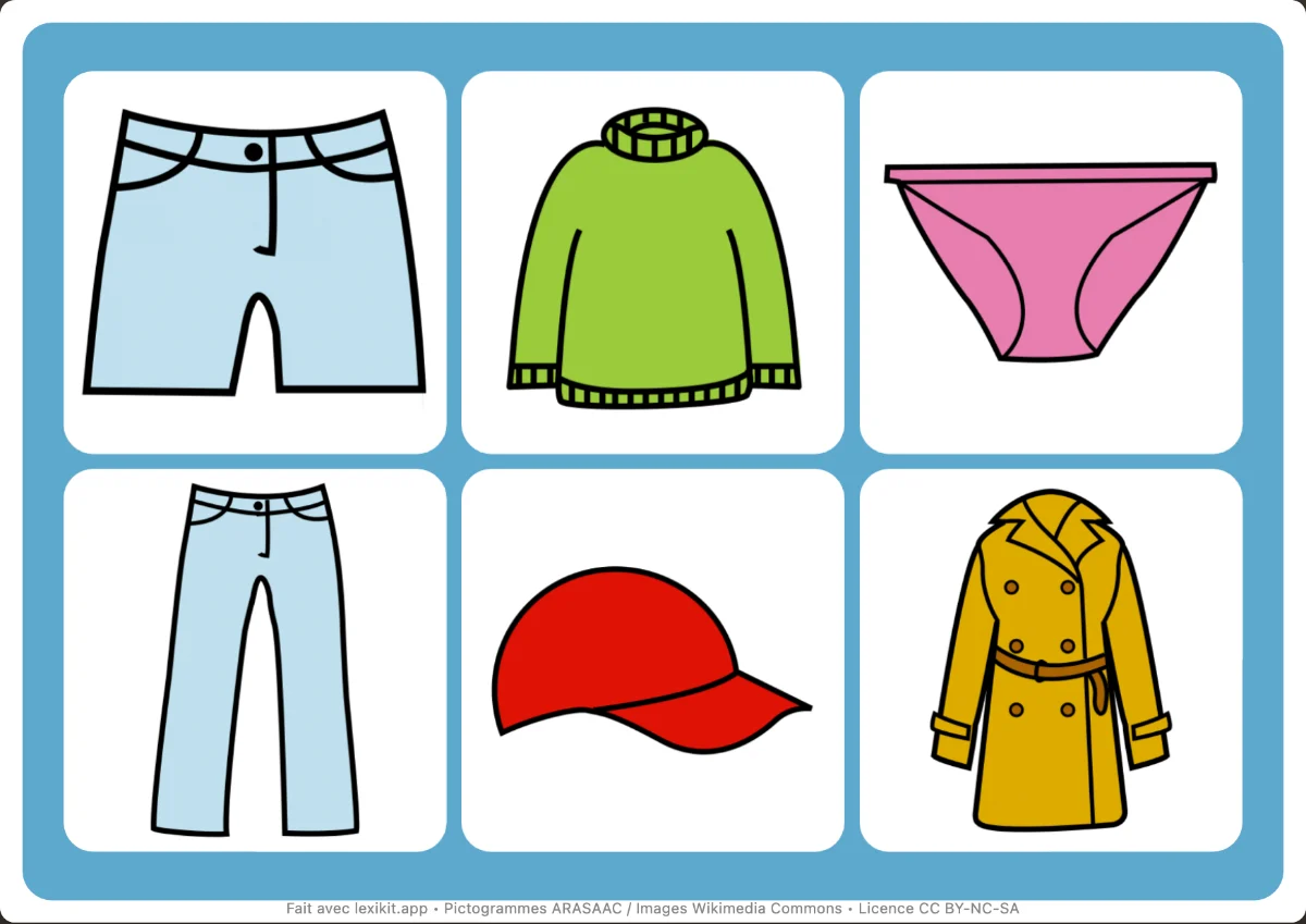 Loto à imprimer, première page : Les vêtements